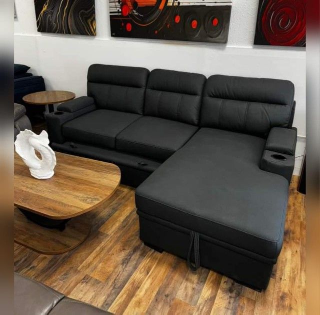 94"W Gray Fabric Sleeper Sectional Sofa Chaise with Storage Arms and Cupholder