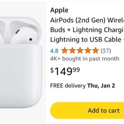 Apple AirPods (2nd Gen) Wireless Ear Buds + Lightning Charging Case + Lightning to USB Cable