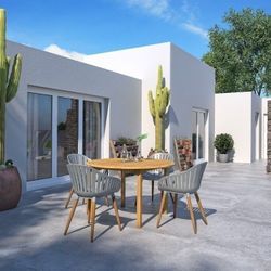 BRAND NEW Patio Round 4 Piece 100% FSC Certified Teak Wood Table With Grey Chairs Dining Set | Ideal Furniture Set for Outdoor
