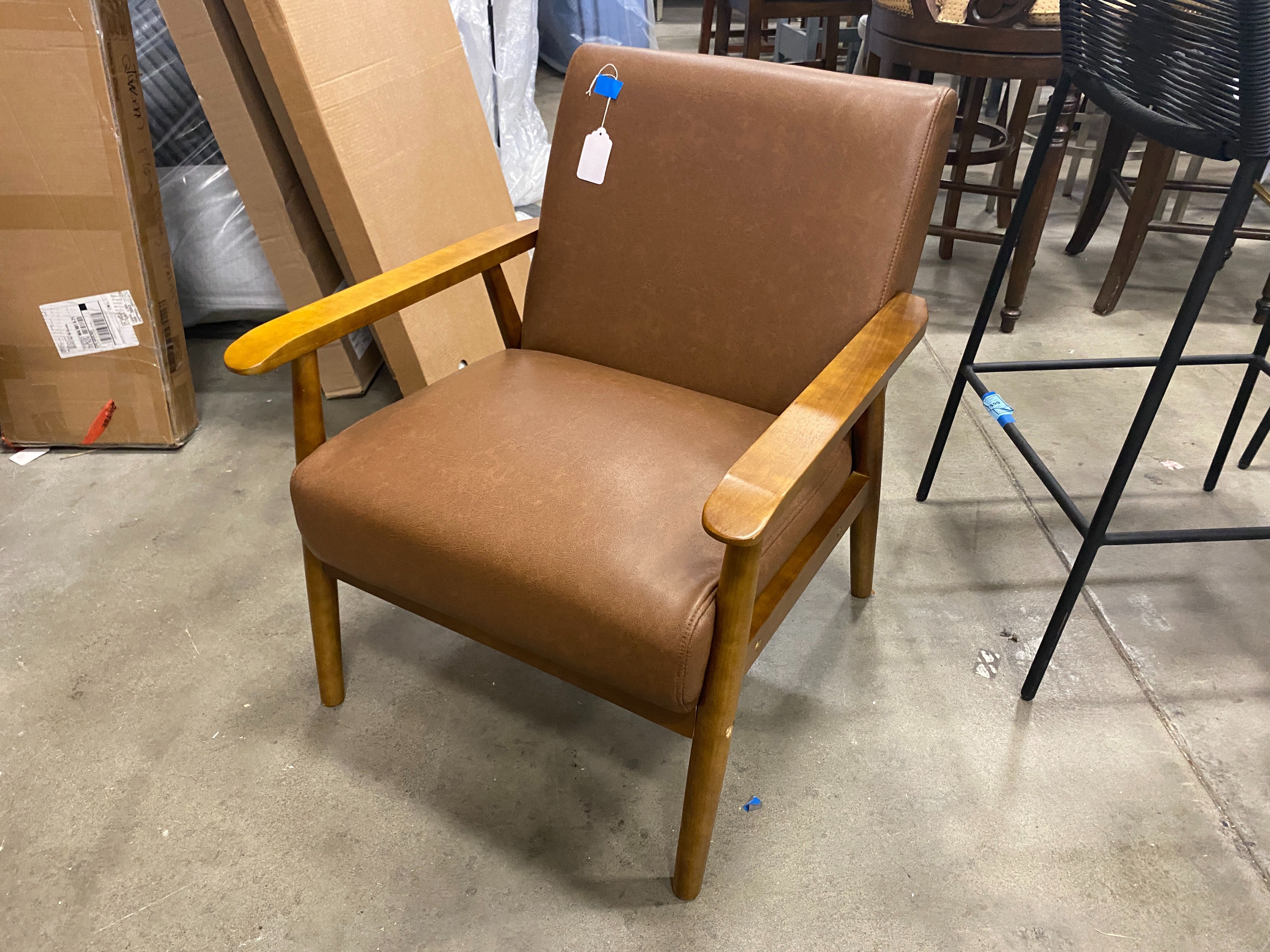 ANJI LONGWIN Brown Faux Leather Wood Framed MCM Chair