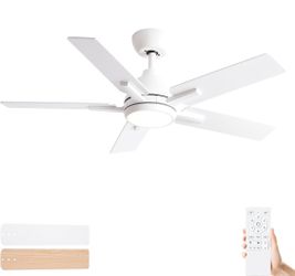 42”Downrod White Ceiling Fan with Light& Remote,ETL Listed Reversible DC Motor,Indoor/Outdoor