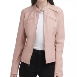 GUESS Faux-Leather Moto Jacket Pink
