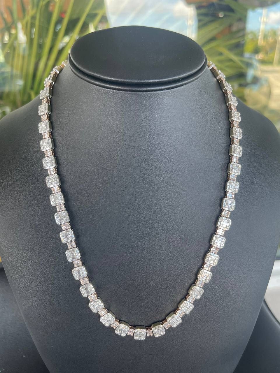 14k solid white and rose gold Bussdown diamond vvs baguette and round natural stones two tone necklace chain iced out