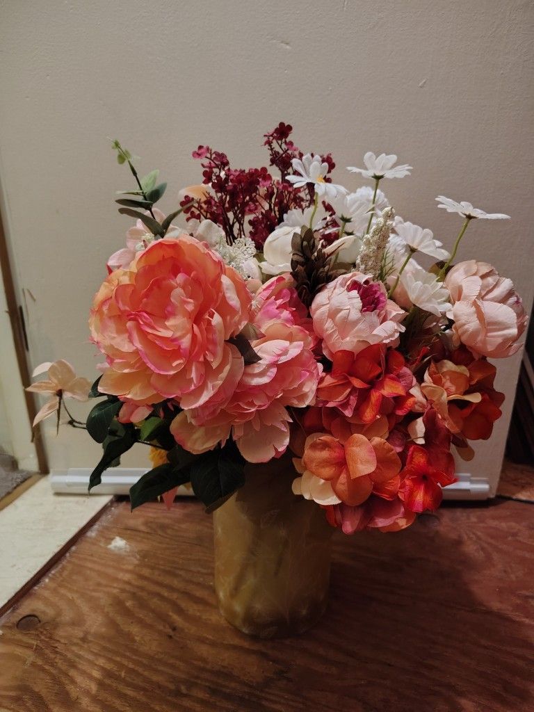 Original Artificial Flower Arrangement In Yellow Glass Vase