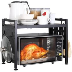 Expandable Microwave Stand Countertop, Heavy Duty Over Microwave Shelf Countertop, 2 Tier Metal Microwave Oven Rack Shelf for Kitchen Tabletop with 4 