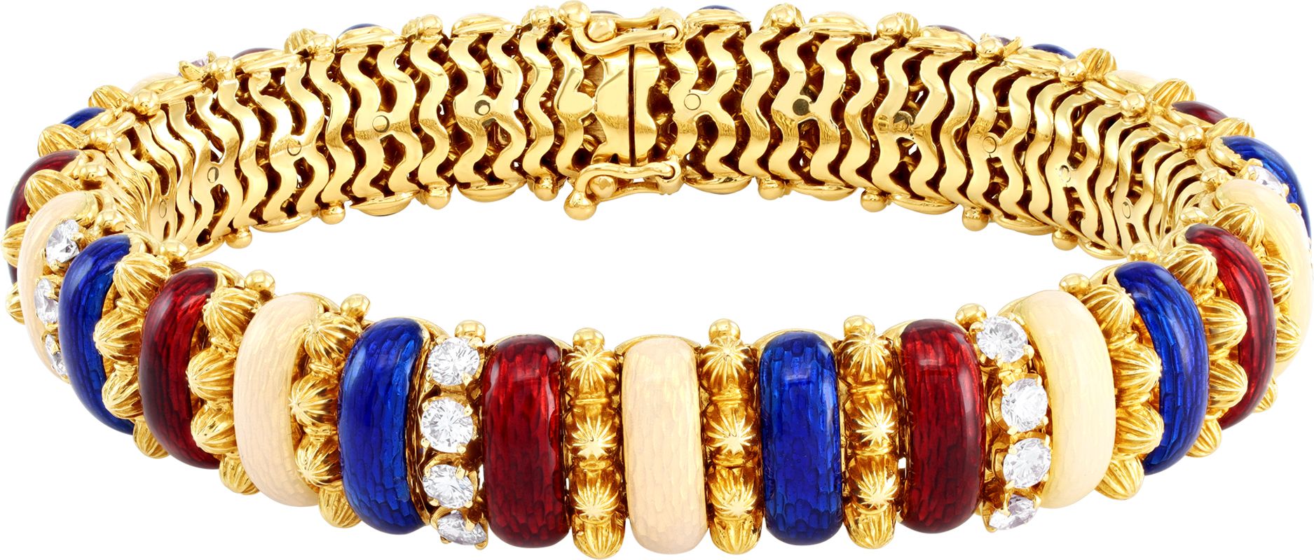 French European blue, ivory, red enamel stations and diamonds bracelet in 18K yellow gold. Round brilliant cut diamonds total approx. weight: 2.40 car