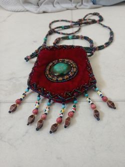 Vintage 90s Whimsigoth Beaded Velvet Amulet Pouch Necklace - Artisan Boho