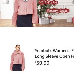 Yembulk Women's Faux Fur Coat Long Sleeve Open Front Fuzzy Fleece Jackets Fall Winter Cardigan - Pink Size Medium