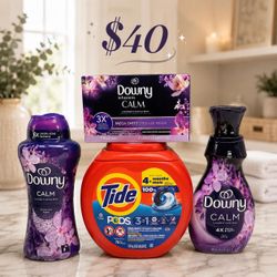 Tide Pods, Scented Beads Calm, Softener & Dryer Sheets