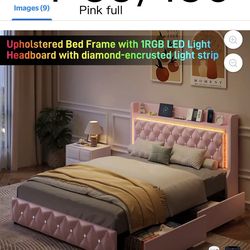 P69🔥 Full Size Bed Frame with Power Outlet & 4 Drawers, Upholstered PU Leather Platform Bed with Diamond Tufted Storage Headboard&Footboard, No Box S