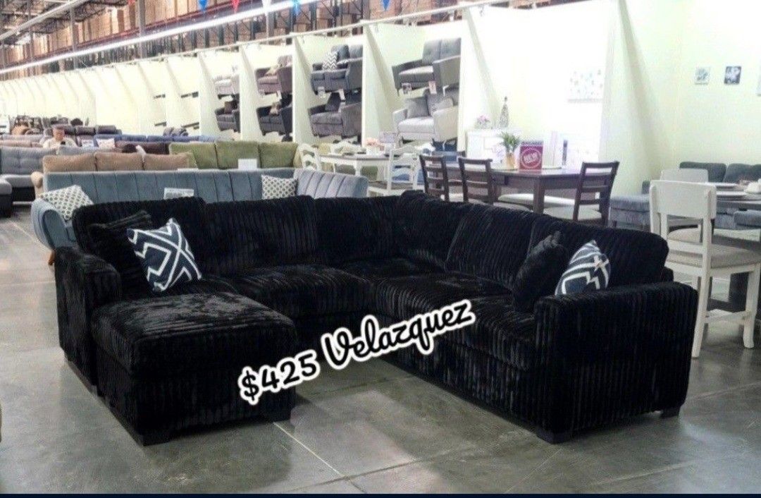 ✅️✅️ 4pc Black  corduroy fabric upholstered sectional sofa with ottoman ✅️✅️