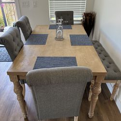 Dining Table Set – 5 Chairs + Bench – Rustic Wood Style