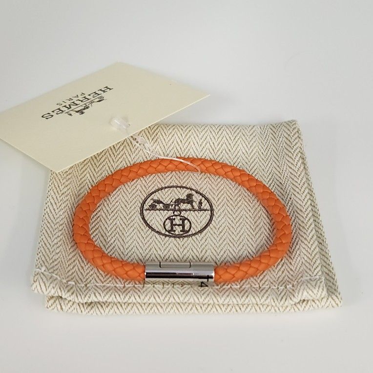New Hermes Goliath Bracelet Calfskin Palladium Finish Orange Color Size T4