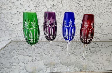 Vintage Ajka Hungarian Cut to Clear Crystal Champagne Flutes - Set of 4 Jewel Tones (MINT