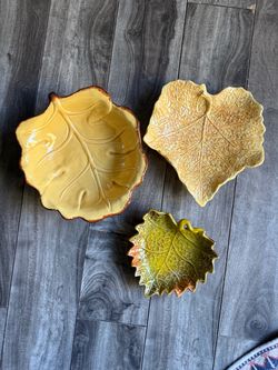 Warm Autumnal Vintage Ceramic Leaf Dishes - Set of 3 Glazed ceramic serving bowls in a leaf motif. This set includes three dishes in shades of yello
