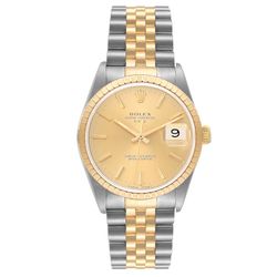 Men's Rolex 34mm Date Two Tone 18K Yellow Gold / Stainless Steel Watch with Gold Dial and Fluted Bezel. (700-10154)