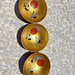 Vintage Japanese Sake Cups -hand painted crane + rising sun artwork