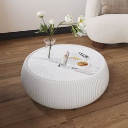 27.55" Round Coffee Table, Faux Marble Top Drum Shape Low Coffee Table, Modern Center Table with Leather Frame for Living Room