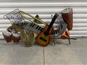 Vintage Musical Instrument Wall Art Collection – Metal Guitar, Saxophone, Drums & Piano Decor  Salsa Bailar Musical Instruments Metal Wall Sculpture