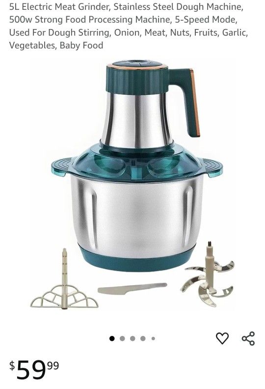 5L Electric Meat Grinder, Stainless Steel Dough Machine, 500w Strong Food Processing Machine, 5-Speed Mode, Used For Dough Stirring, Onion, Meat, Nuts