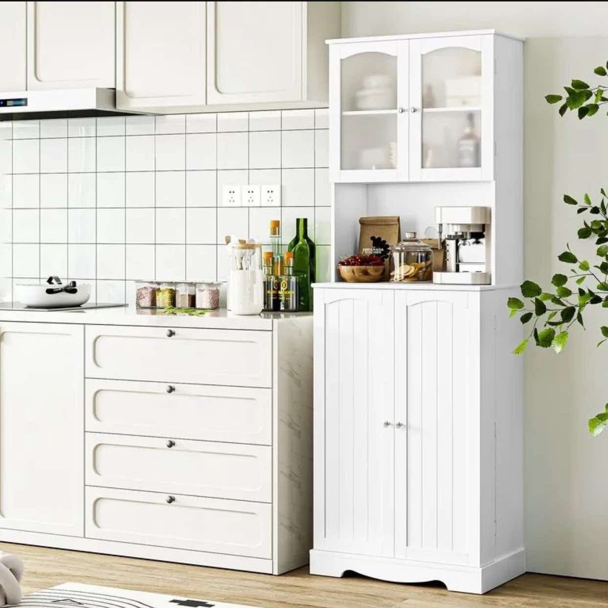 71'' 4 Doors Kitchen Pantry Cabinet, Tall Pantry Storage Cabinet with Adjustable Shelves, Microwave Cabinet for Dining Room, White