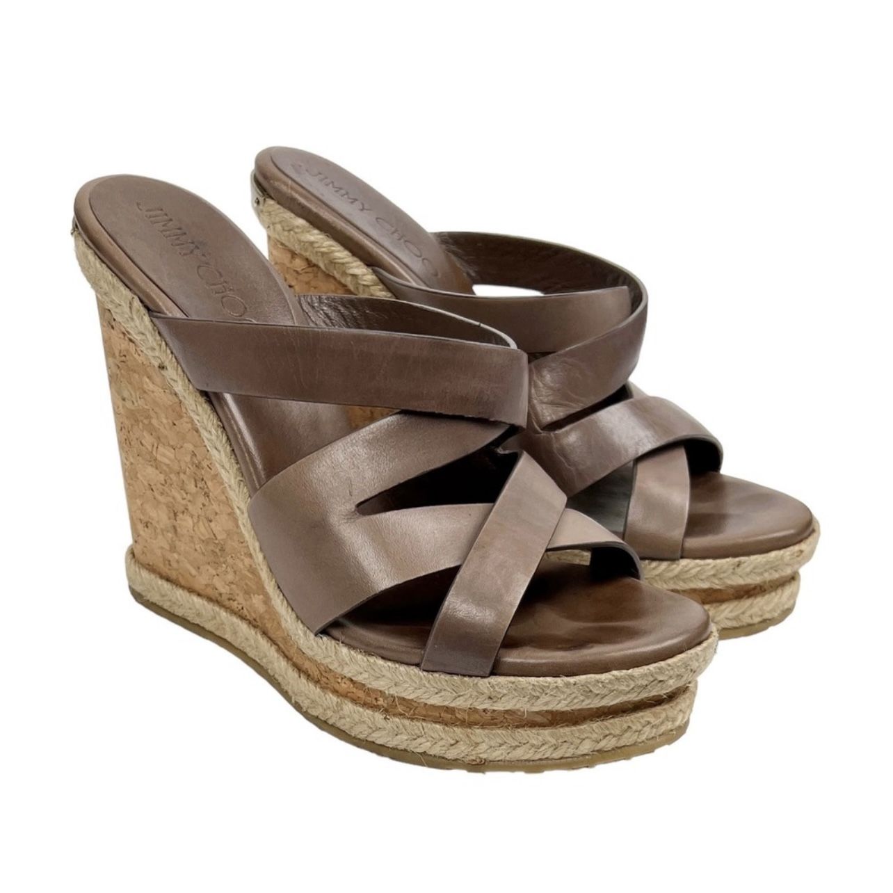 Jimmy Choo Brown Leather Woven Wedge Sandals 37
