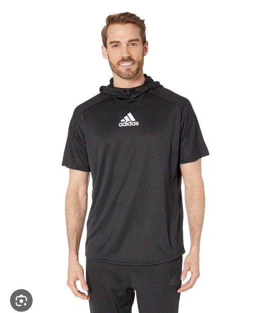 adidas Men's Team Issue Short Sleeve Hoodie Flint Black Melange/Black Small