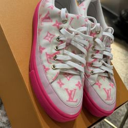Louis Vuitton Pink and White Sneakers with Bold Monogram