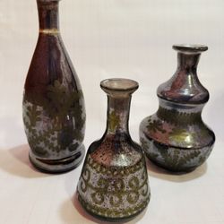 Vintage Glass Set Of 3 Decanters Silver Clear Indoor Outdoor Home Decor Tabletop No Lids