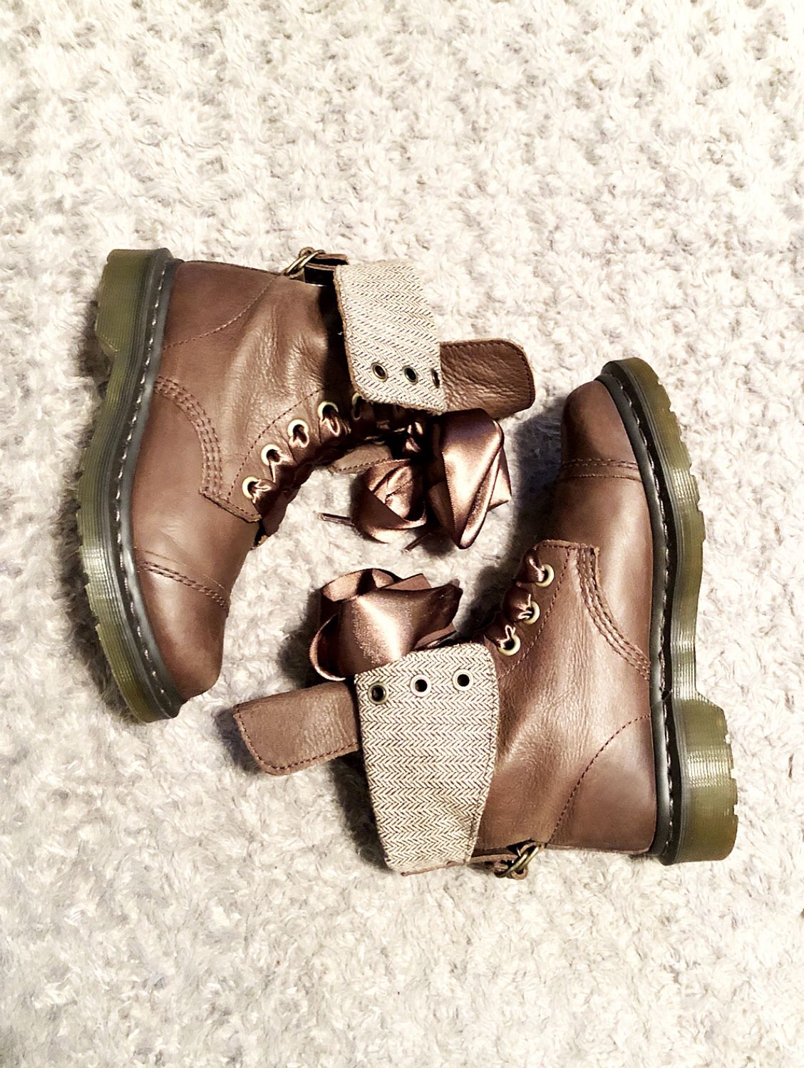 Women’s Dr. Martens boots paid $175 size 7 great condition. The style “Aimilita” Combat Boot color Dark Brown only worn once. Can be worn folded down