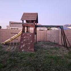 Large Wooden Backyard Playset – Swings, Slide, Climbing Wall – Great Condition