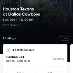 (4) Sec 241 Houston Texans @ Dallas Cowboys Tickets $415 Each