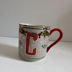 Anthropologie Festive Christmas Bistro Tile Mug Letter C Monogram Initial Cup Of Cheer