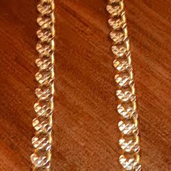 925 Italian Sterling Silver 7.5mm Solid Cuban Diamond Cut Chain,  Yellow Gold Plated Pave Curb Link 