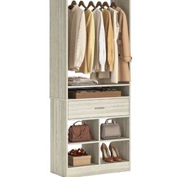 Freestanding Closet System with Wood Drawer and 4 Cubby Storage, Closet Organizer with Hanging Rods & Shelves, 25‘’W X 80'' H Clothes Garment Rack, Wa