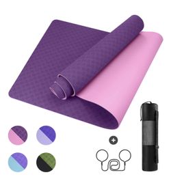 GISALA TPE Yoga Mat Fitness Mat Gynastic Mat Training Mat for Yoga, Easy-Care Yoga Mat with Shoulder Strap & Bag