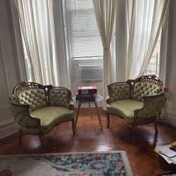 Vintage Victorian-Style Carved Settee (Pair Available) – Gorgeous Tufted Green Upholstery