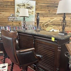 Elegant Wooden Marble Top Bar With Two swivel barstools