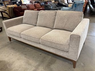 Modern Heathered Grey and Brown 3 Seat Sofa with Walnut Finished Base