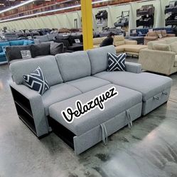 ✅️✅️2 pc Grey boucle fabric sectional sofa with pop up sleep area and storage chaise drop down tray table wireless charging✅️✅️✅️