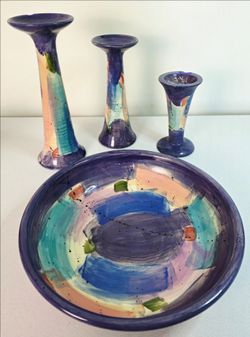 Vintage Purple Multi-Color Ceramic Artisan 4-Piece Candle Holders & Large Decorative Bowl Set