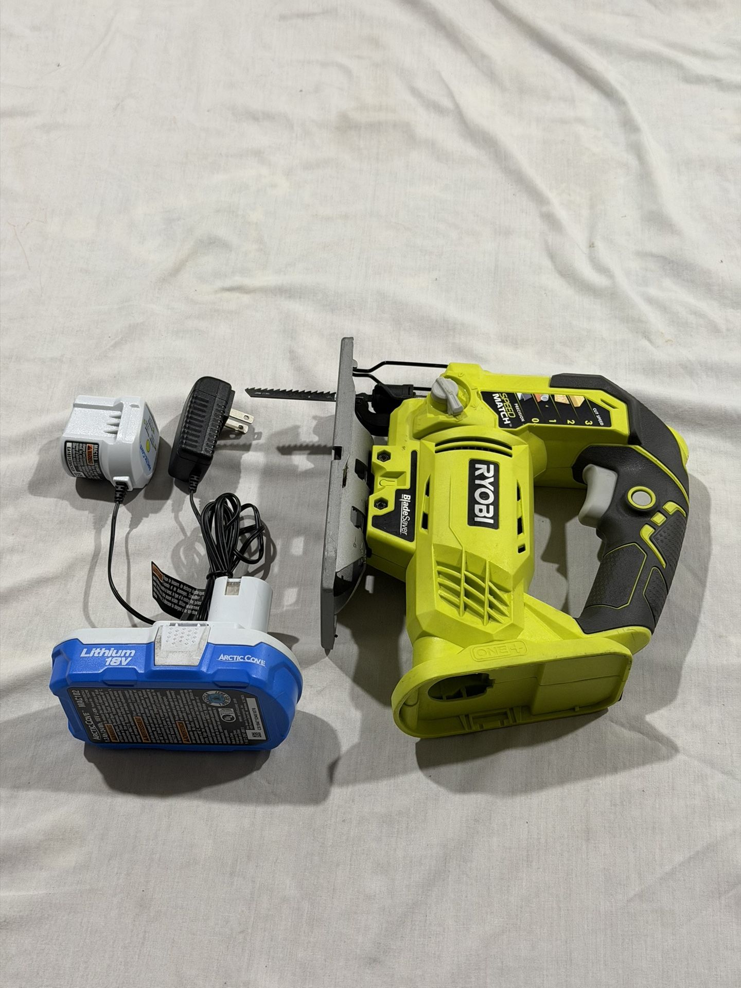 RYOBI One+ P5231 18V Lithium Ion Cordless Orbital T-Shaped 3,000 SPM Jigsaw Power Tool and T-Shaped Wood Cutting Blade + Battery & Charger 