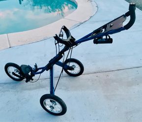 Super Nice original rare Sun mountain speed Cart -3 wheel golf Push cart w good inflatable tires & aluminum spoke wheels ,brake, like new one