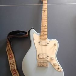 Squier Mini Jazzmaster HH Maple Fingerboard Electric Guitar Daphne Blue, w Custom Guitar Strap, Travel Case