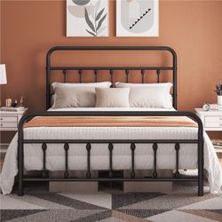 Full Size Metal Platform Full Bed with High Headboard, Adult, Black