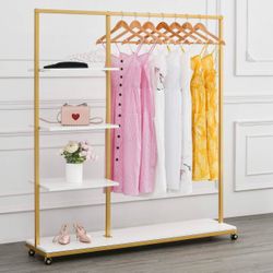 Clothing display rack with shelves / gold & white with 30 hangers
