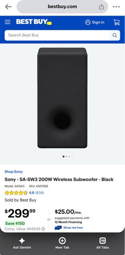 Sony SA-SW3 Wireless Subwoofer Excellent Condition