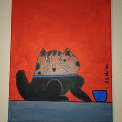 Black And Brown Cat And A Bowl Original Acrylic Painting On Canvas Wall Art 11x14"