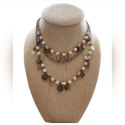 Silver Toned Tan Mother of Pearl Beaded Multi-Strand Necklace 22"