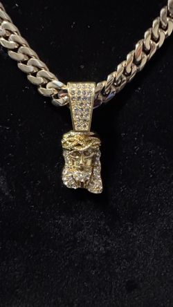 14K Gold Cuban with Jesus Piece Pendant